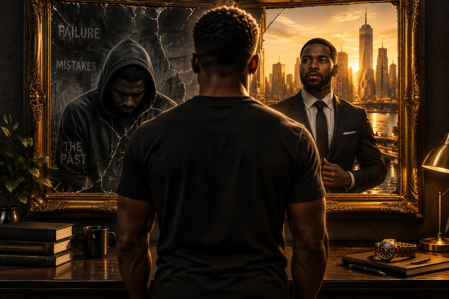 A man standing before a gold-framed cracked mirror, his past self in a hoodie on the cracked side and his future self in a suit against a golden skyline on the other