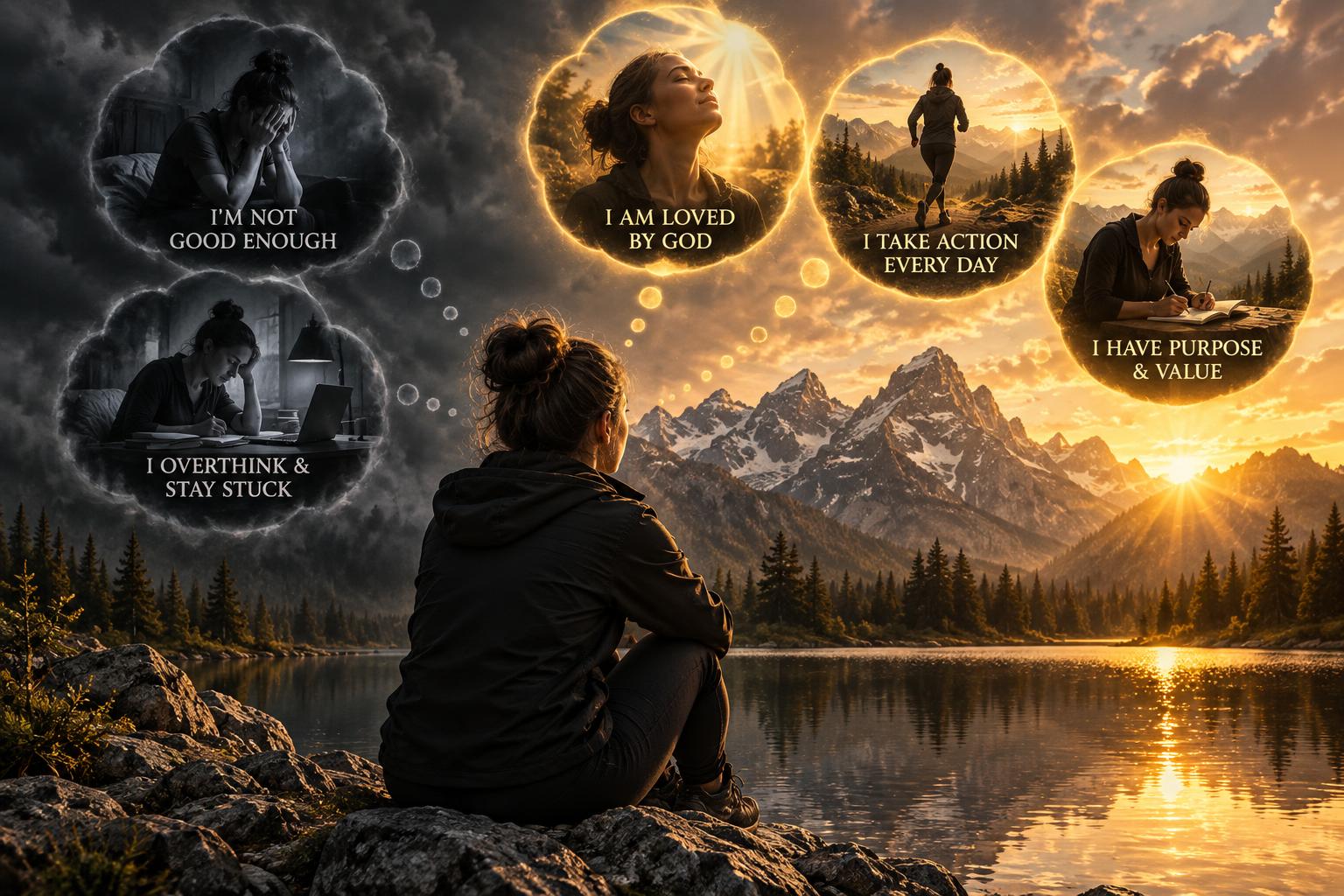 A man beside a mountain lake at sunrise, dark clouds behind him and golden light ahead