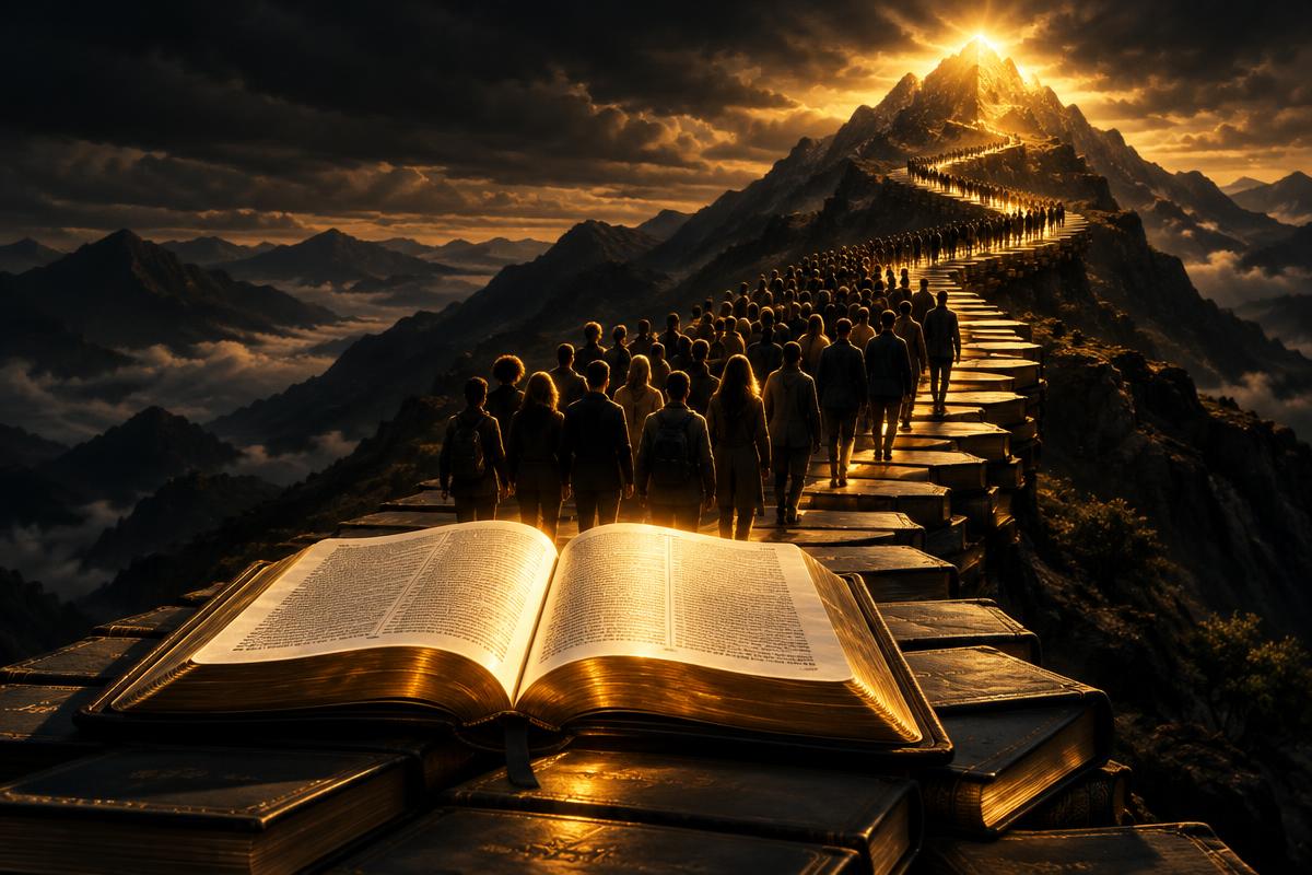 A road of books leading up a dark mountain toward a climber near the summit, with a Bible among the books in warm gold light