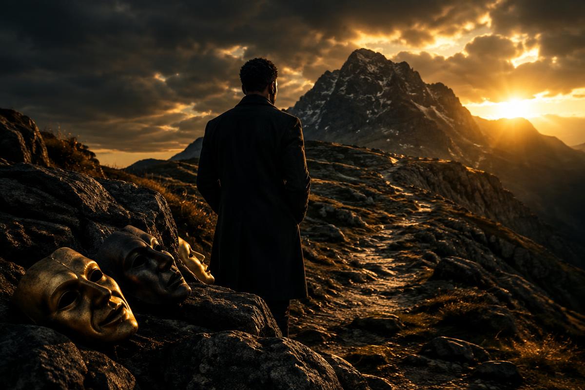 A man leaving masks behind on a mountain path at sunrise