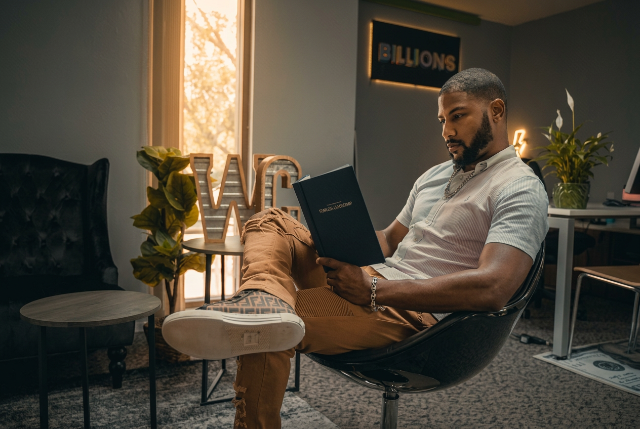 Claude Perry seated in his office, reading and studying a coaching book