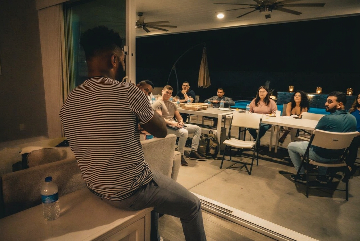 Claude Perry seen from behind, seated and teaching a group gathered around a table at night