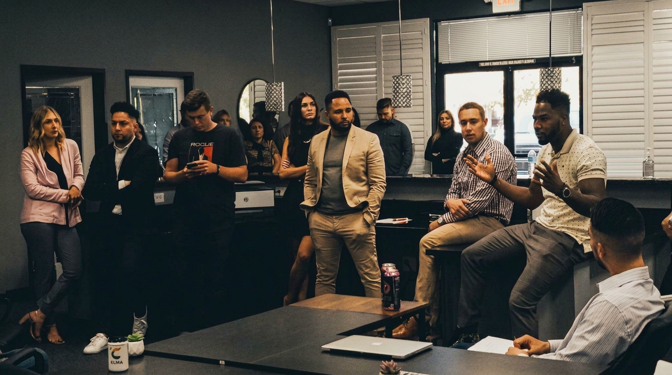 Claude Perry speaking to a full room of professionals during a training session